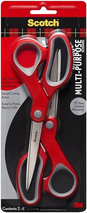 Scotch Multi-Purpose Stainless Steel 2 Pairs of Scissors, 8 Inches, Red & Gray, Great for Cutting Holiday Gift wrap Paper - Product Image