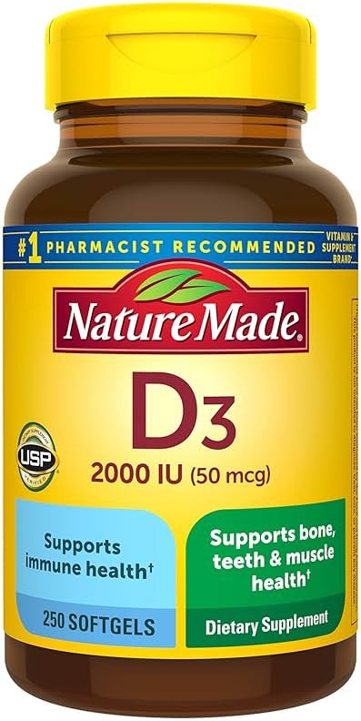 Nature Made Vitamin D3 2000 IU (50 mcg), Vitamin D Supplement for Bone, Teeth, Muscle and Immune Health Support, 250 Softgels, 250 Day Supply - Product Image