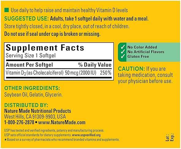 Nature Made Vitamin D3 2000 IU (50 mcg), Vitamin D Supplement for Bone, Teeth, Muscle and Immune Health Support, 250 Softgels, 250 Day Supply - Image 4