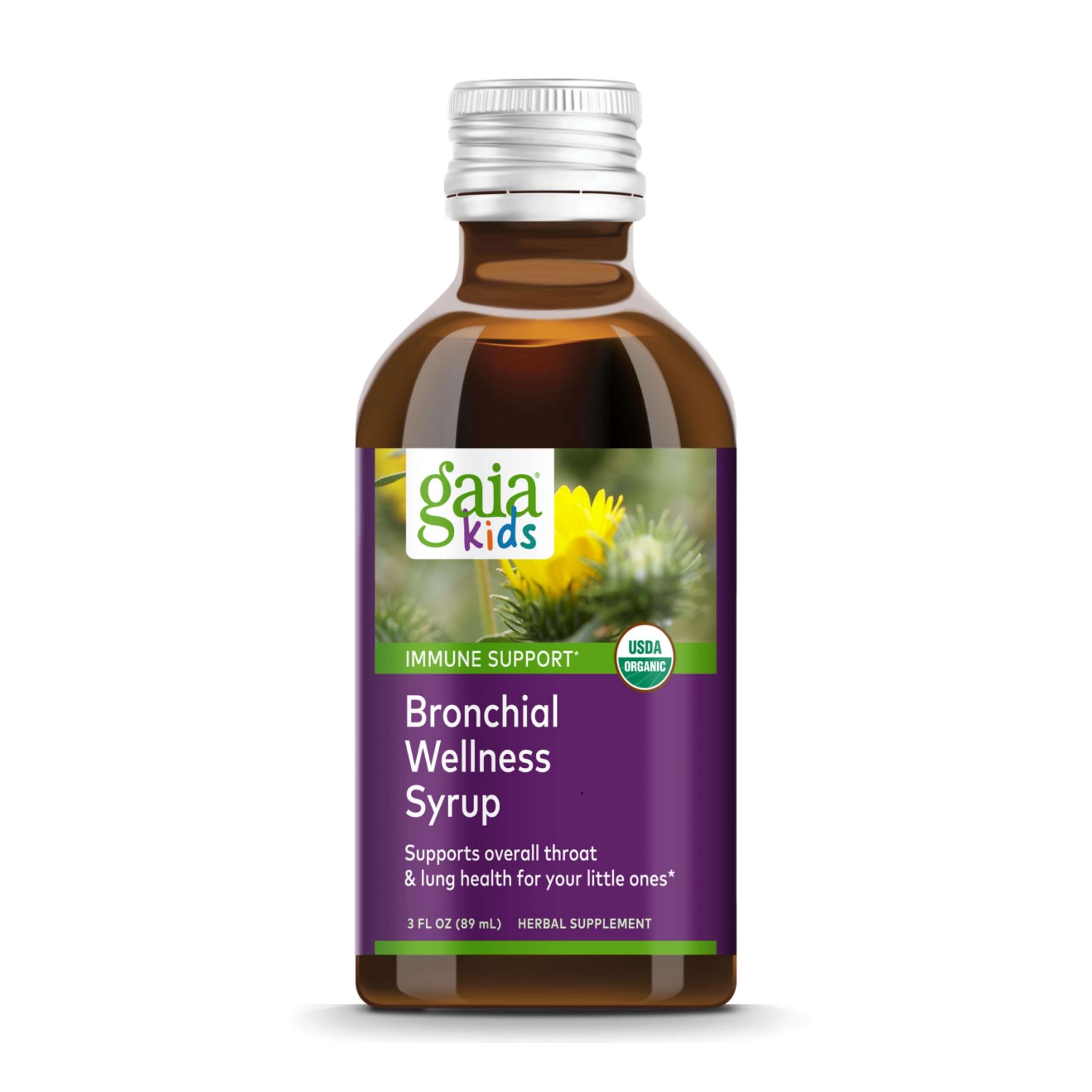Gaia Herbs Bronchial Wellness Syrup Kids - Immune Support Supplement - Throat & Lung Health Support* - Certified Organic Formula with English Plantain, Grindelia & Honey - 3 Fl Oz (18 Servings) - Image 1
