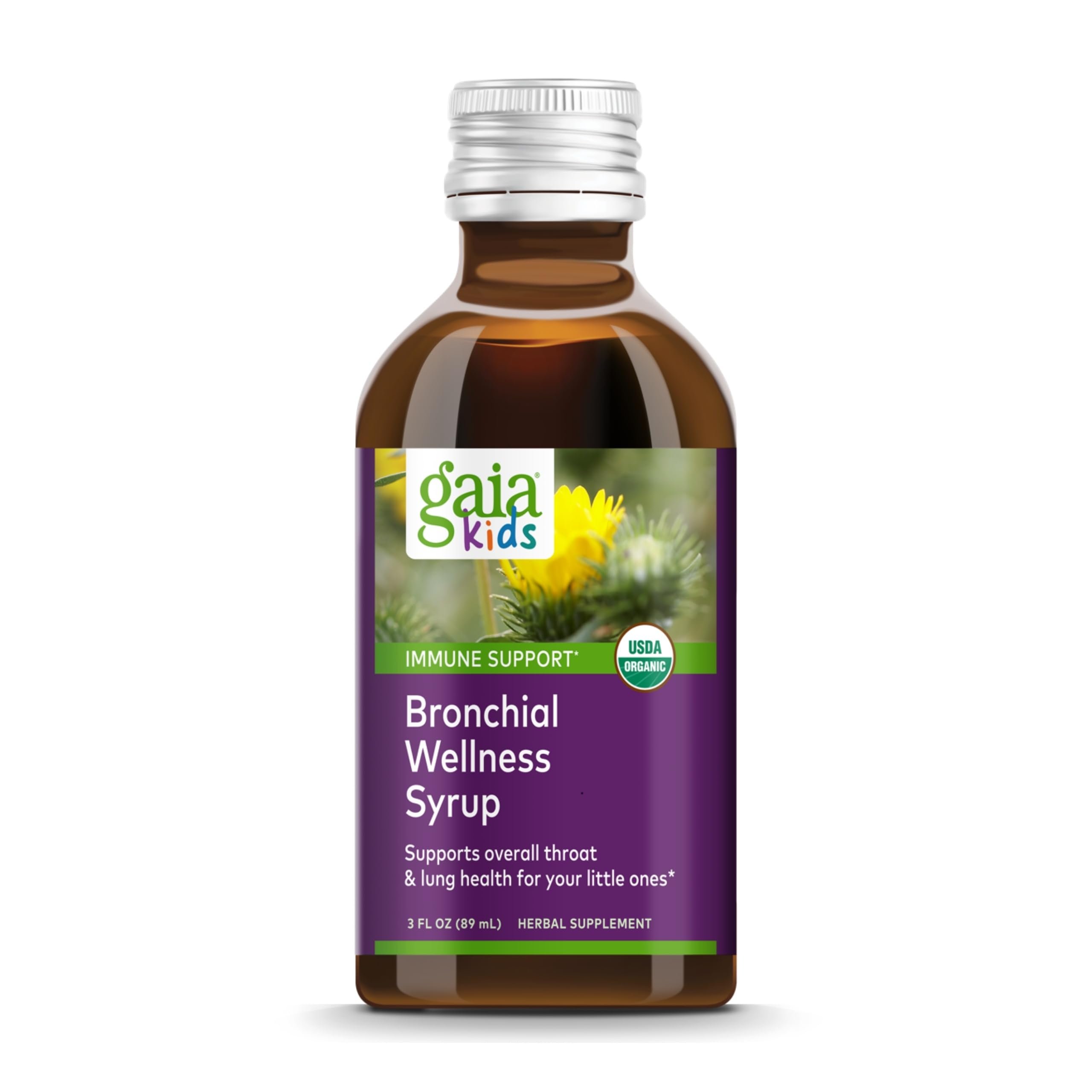 Gaia Herbs Bronchial Wellness Syrup Kids - Immune Support Supplement - Throat & Lung Health Support* - Certified Organic Formula with English Plantain, Grindelia & Honey - 3 Fl Oz (18 Servings) - Product Image