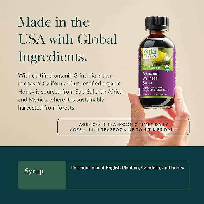 Gaia Herbs Bronchial Wellness Syrup Kids - Immune Support Supplement - Throat & Lung Health Support* - Certified Organic Formula with English Plantain, Grindelia & Honey - 3 Fl Oz (18 Servings) - Image 4