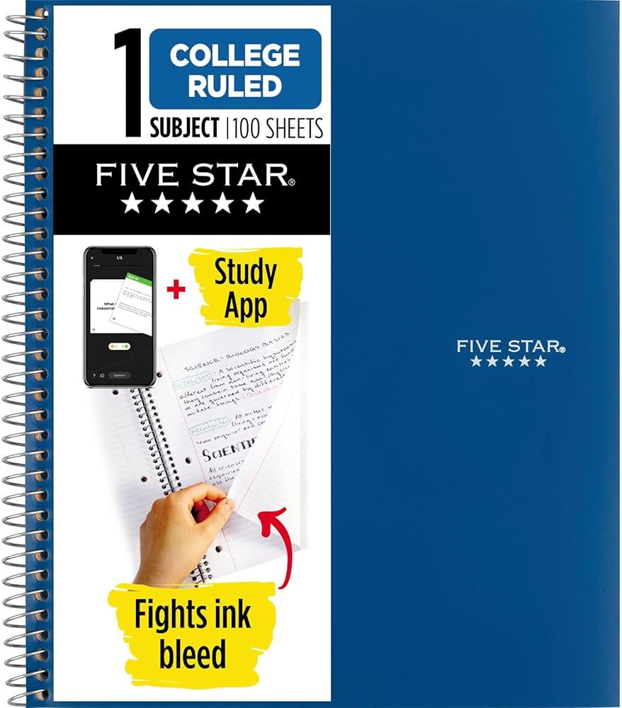 Five Star Spiral Notebook + Study App, 1 Subject, College Ruled Paper, 8-1/2" x 11", 100 Sheets, Fights Ink Bleed, Water Resistant Cover, Pacific Blue (72565) by Five Star - Shop at Bazar