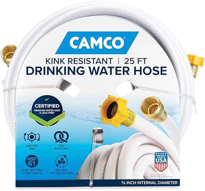 Camco TastePURE 25-Ft Water Hose - RV Drinking Water Hose Contains No Lead, No BPA & No Phthalate - Features Diamond-Hatch Reinforced PVC Design - 5/8” Inside Diameter, Made in the USA (22783) - Image 1