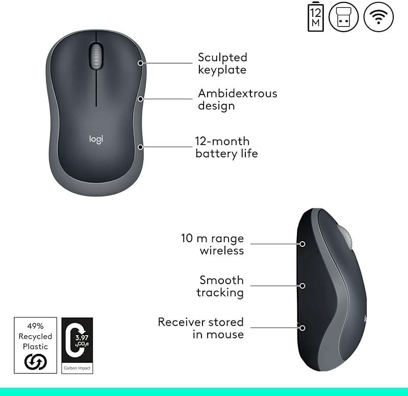 Logitech M185 Wireless Mouse, 2.4GHz with USB Mini Receiver, 12-Month Battery Life, 1000 DPI Optical Tracking, Ambidextrous, Compatible with PC, Mac, Laptop - Swift Grey - Image 6
