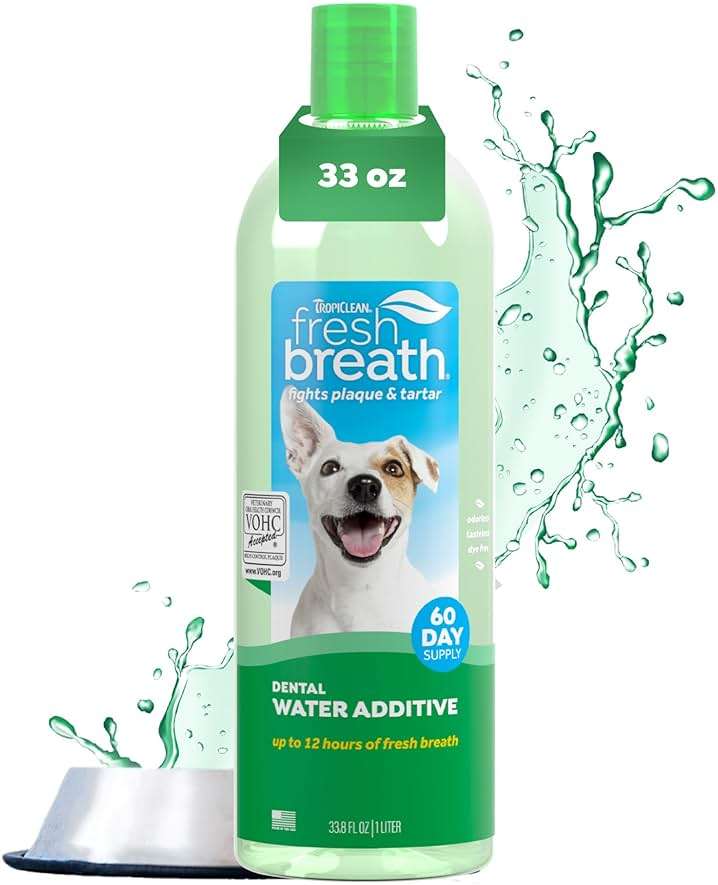 TropiClean Fresh Breath Water Additive for Dogs, Dog Breath Freshener and Teeth Cleaning Solution, No Toothpaste or Toothbrush Required, 33.8oz. - Image 1