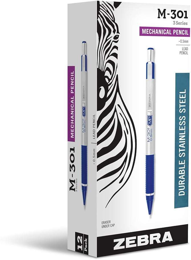Zebra Pen, STEEL M-301 Mechanical Pencils, 0.5mm Fine Point, Refillable Lead, Stainless Steel Barrel, Built-in Eraser, Blue Grip, Durable Clip, School or Office Pencils, 12-Pack (54020) - Image 1