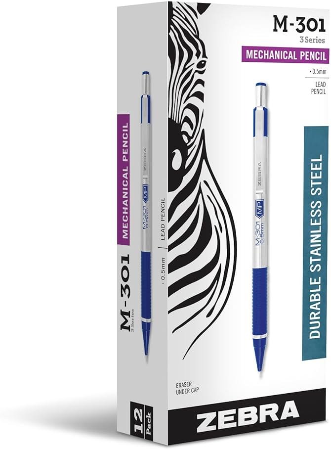 Zebra Pen, STEEL M-301 Mechanical Pencils, 0.5mm Fine Point, Refillable Lead, Stainless Steel Barrel, Built-in Eraser, Blue Grip, Durable Clip, School or Office Pencils, 12-Pack (54020) - Product Image