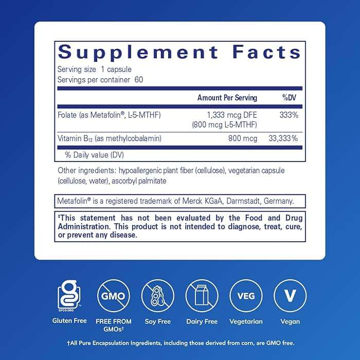 Pure Encapsulations B12 Folate - Energy Supplement to Support Nerves, Energy Metabolism & Cognitive Support* - with Vitamin B Folate as Metafolin - 60 Capsules - Image 2