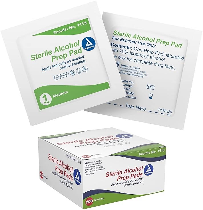 Dynarex DynaSafety Sterile Alcohol Prep Pads - Medium - 70% Isopropyl Alcohol, Individually Wrapped, Soft Cleaning Wipes - 200 per Box - Product Image