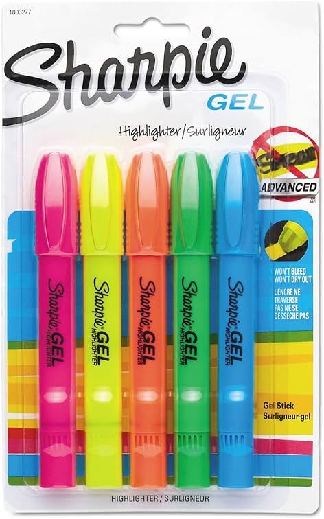 Sharpie Gel Highlighters, Bullet Tip, Assorted Fluorescent Markers, 5 Count - Won't Dry Out, Smear And Bleed Resistant - Product Image