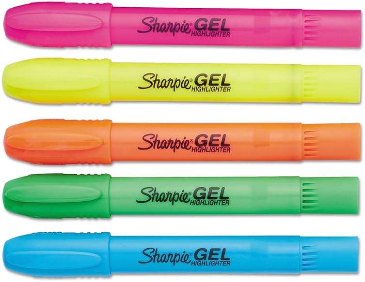 Sharpie Gel Highlighters, Bullet Tip, Assorted Fluorescent Markers, 5 Count - Won't Dry Out, Smear And Bleed Resistant - Image 4