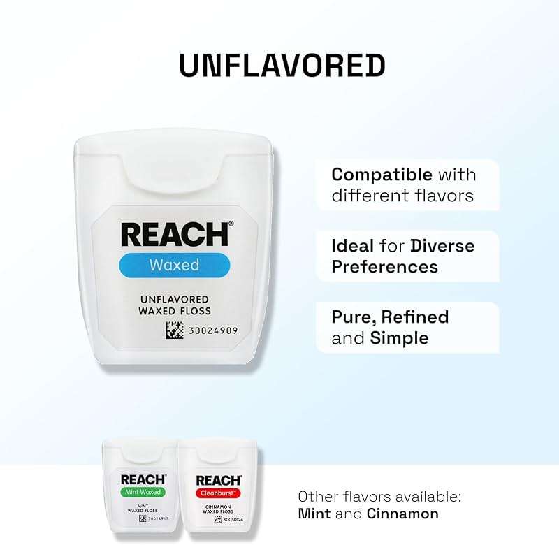 REACH Waxed Dental Floss,Unflavored, Plaque Remover for Teeth, Shred Resistant, Floss Slides Smoothly, Easy to Use, Waxed, Deep Cleaning Teeth, Oral Care, PFAS Free, for Adults & Kids, 1 Pack, 55 yd - Image 6