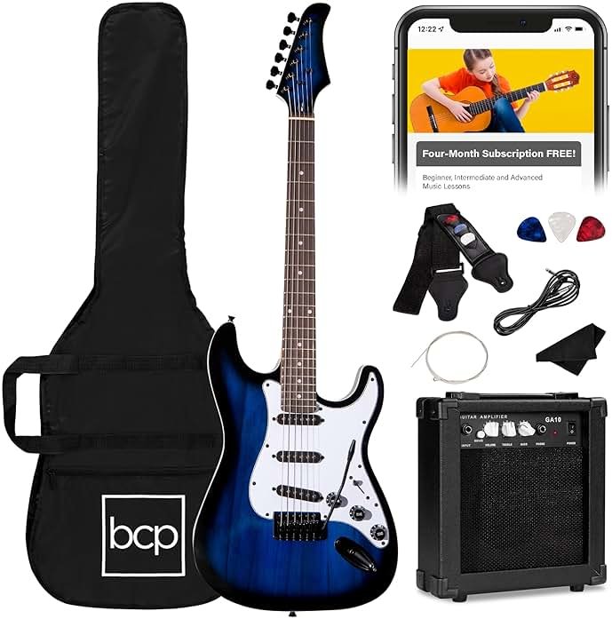 Best Choice Products 39in Full Size Beginner Electric Guitar Starter Kit w/Case, Strap, 10W Amp, Strings, Pick, Tremolo Bar - Hollywood Blue - Product Image