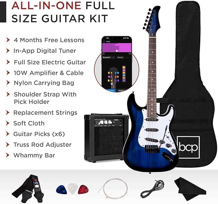 Best Choice Products 39in Full Size Beginner Electric Guitar Starter Kit w/Case, Strap, 10W Amp, Strings, Pick, Tremolo Bar - Hollywood Blue - Image 4