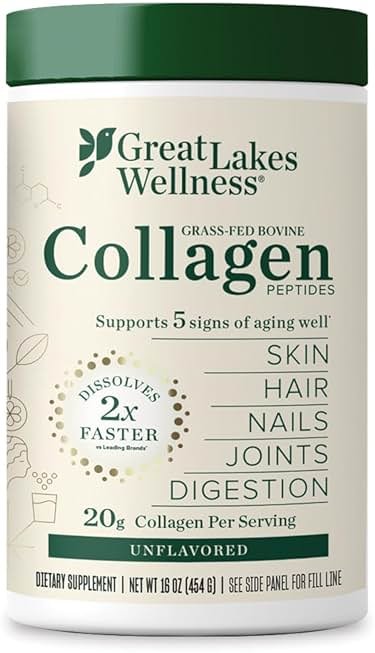 Great Lakes Wellness Collagen Peptides Powder – Supports Skin, Hair, Nails, Joints & Digestion – Hydrolyzed, Quick Dissolve, Non-GMO, Keto & Kosher – Pure Collagen Protein (16 oz, 22 Servings) - Product Image