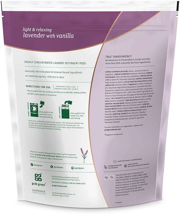 Grab Green 3-in-1 Laundry Detergent Pods, 60 Count, Lavender Vanilla Scent, Plant and Mineral Based, Superior Cleaning Power, Stain Remover, Brightens Clothes - Image 2