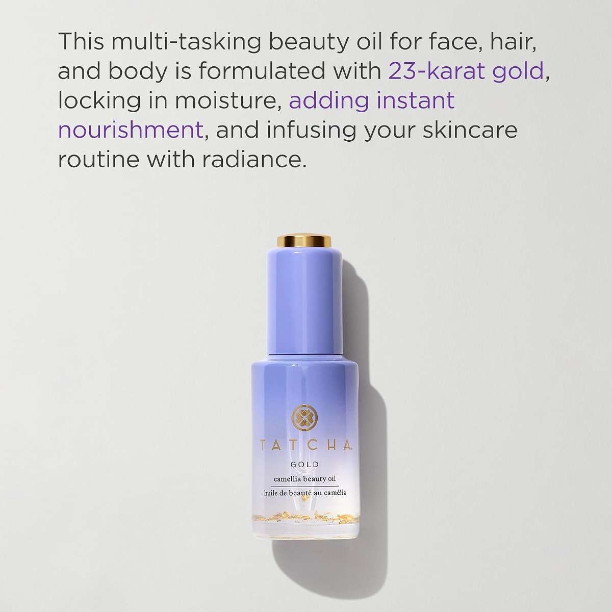 TATCHA Gold Camellia Beauty Oil | Moisturizing Face, Body, and Hair Oil Infused with 23-karat Gold flakes | 30 ml / 1 oz - Image 2