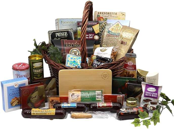 Gift Basket Village: Group Therapy Deluxe Gourmet Gift - Cutting Board, Sausages, Cheeses, Snacks & More - Image 1