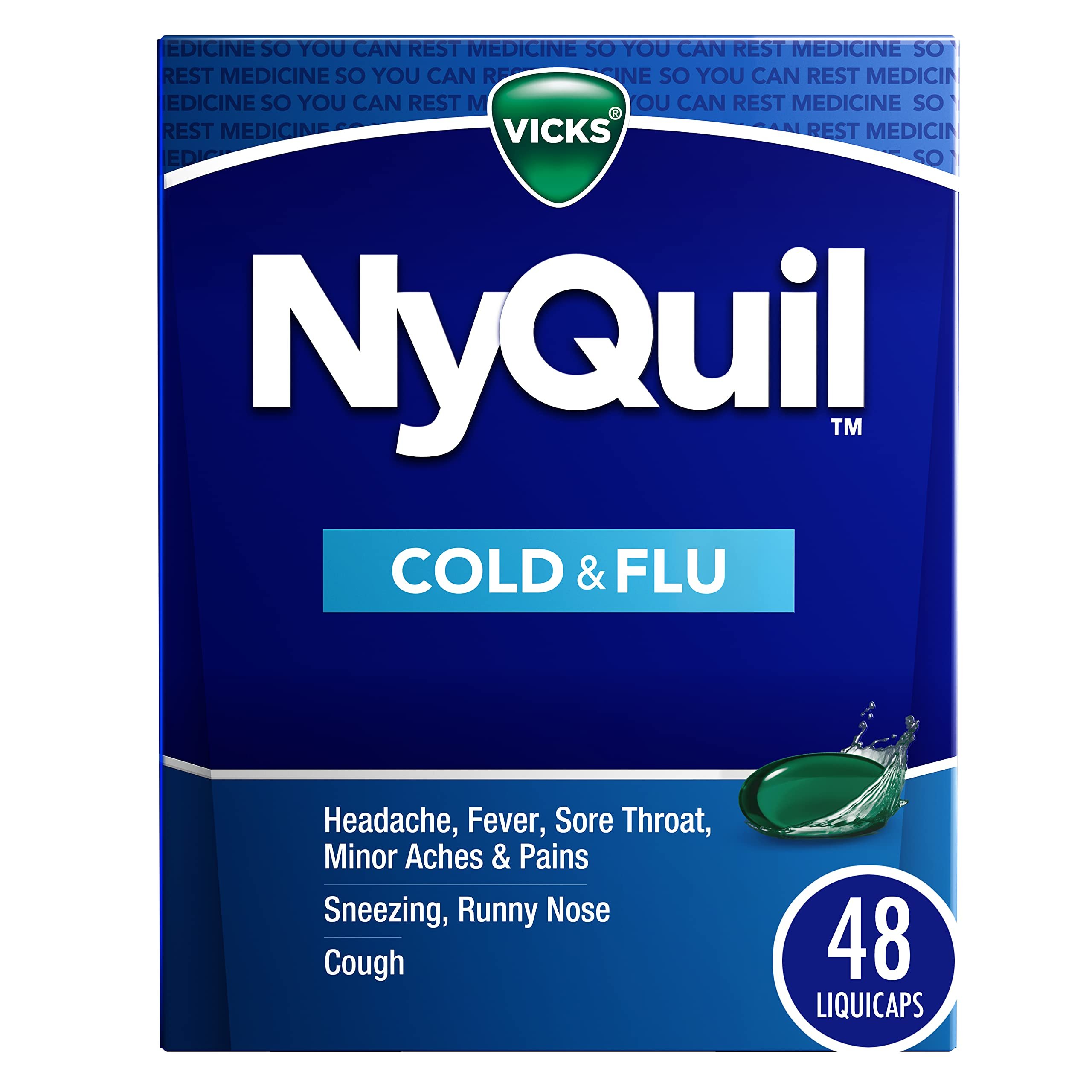 Vicks NyQuil Cold & Flu Relief Over-the-Counter Medicine, Powerful Multi-Symptom Nighttime Relief for Headache, Fever, Sore Throat, Aches, Sneezing, Runny Nose & Cough, 48 LiquiCaps - Product Image