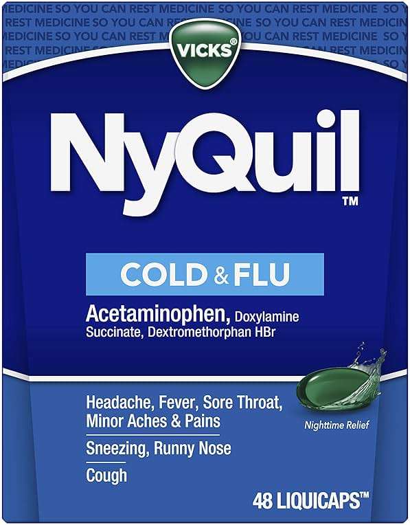 Vicks NyQuil Cold & Flu Relief Over-the-Counter Medicine, Powerful Multi-Symptom Nighttime Relief for Headache, Fever, Sore Throat, Aches, Sneezing, Runny Nose & Cough, 48 LiquiCaps - Image 8