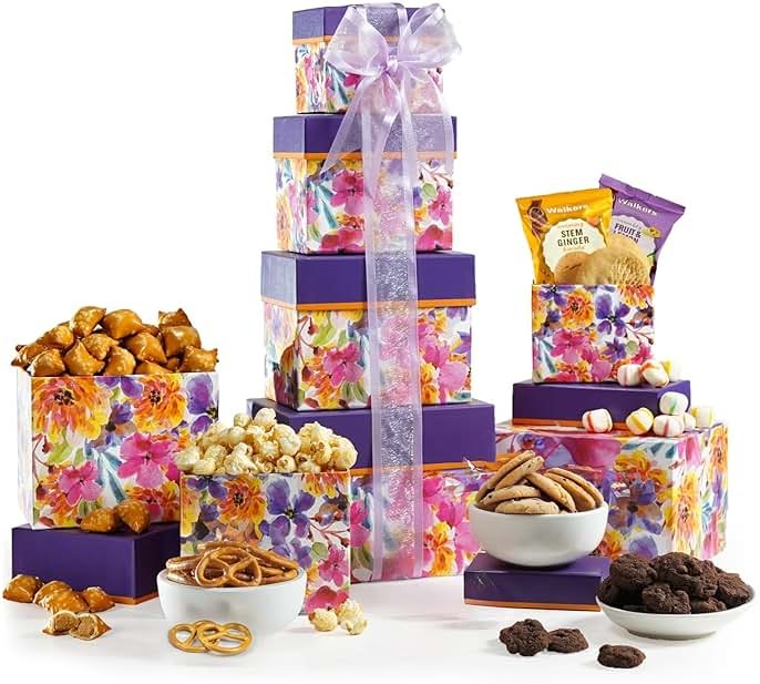 Broadway Basketeers Gift tower and Gourmet Snack Care Package for Fathers Day, Mom, Her, Birthday, Thank You, Get Well Soon, Kosher - Product Image
