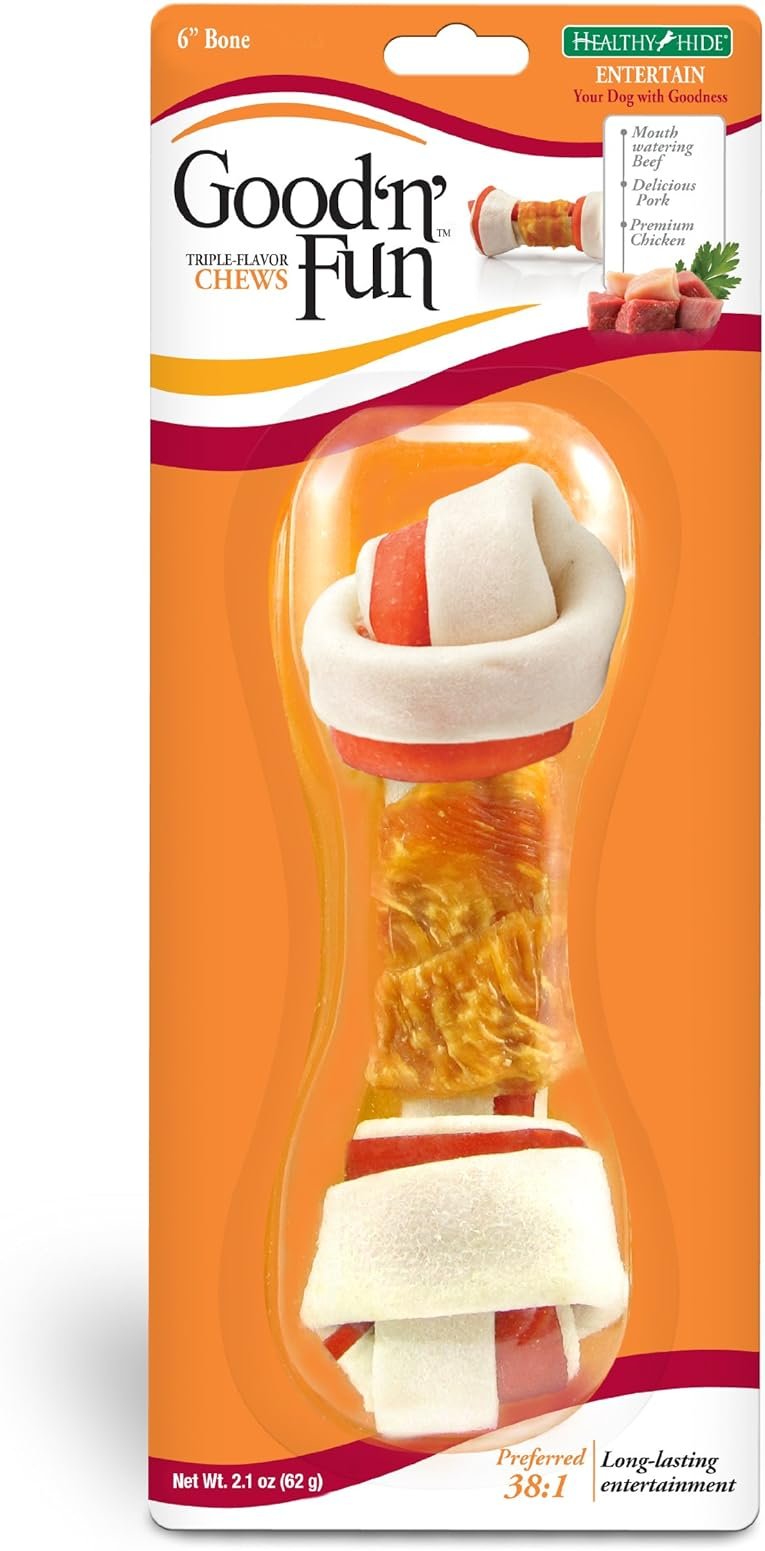 Good'n'Fun Good ’N’ Fun Triple Flavor Chews, Rawhide Treats For Dogs, 6-Inch Bone - Product Image