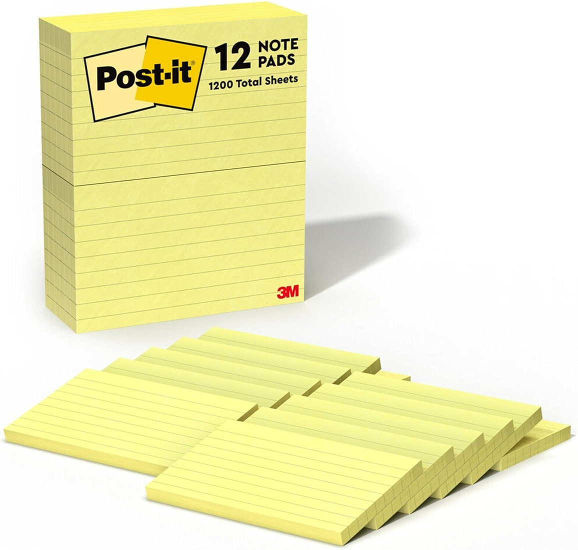 Post-it Notes, 3 in x 5 in, 12 Lined Sticky Notes Pads, 100 Sheets per Pad, Canary Yellow, The Original Post-it Note, School Supplies and Office Products - Product Image