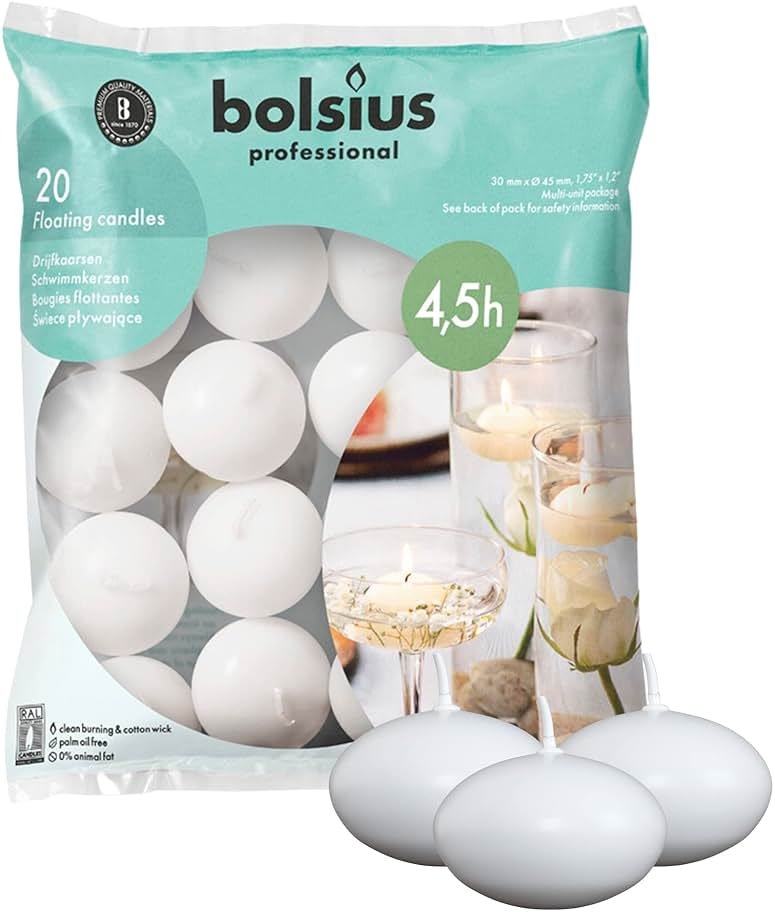 Bolsius White Floating Candles 1.75 Inch, 20 Pack Candle Set – 4,5 Hours Burn Time – Premium European Quality – Smokeless & Dripless Smooth Flame – 100% Cotton Wick – Beach, Wedding, & Party Accessory - Product Image