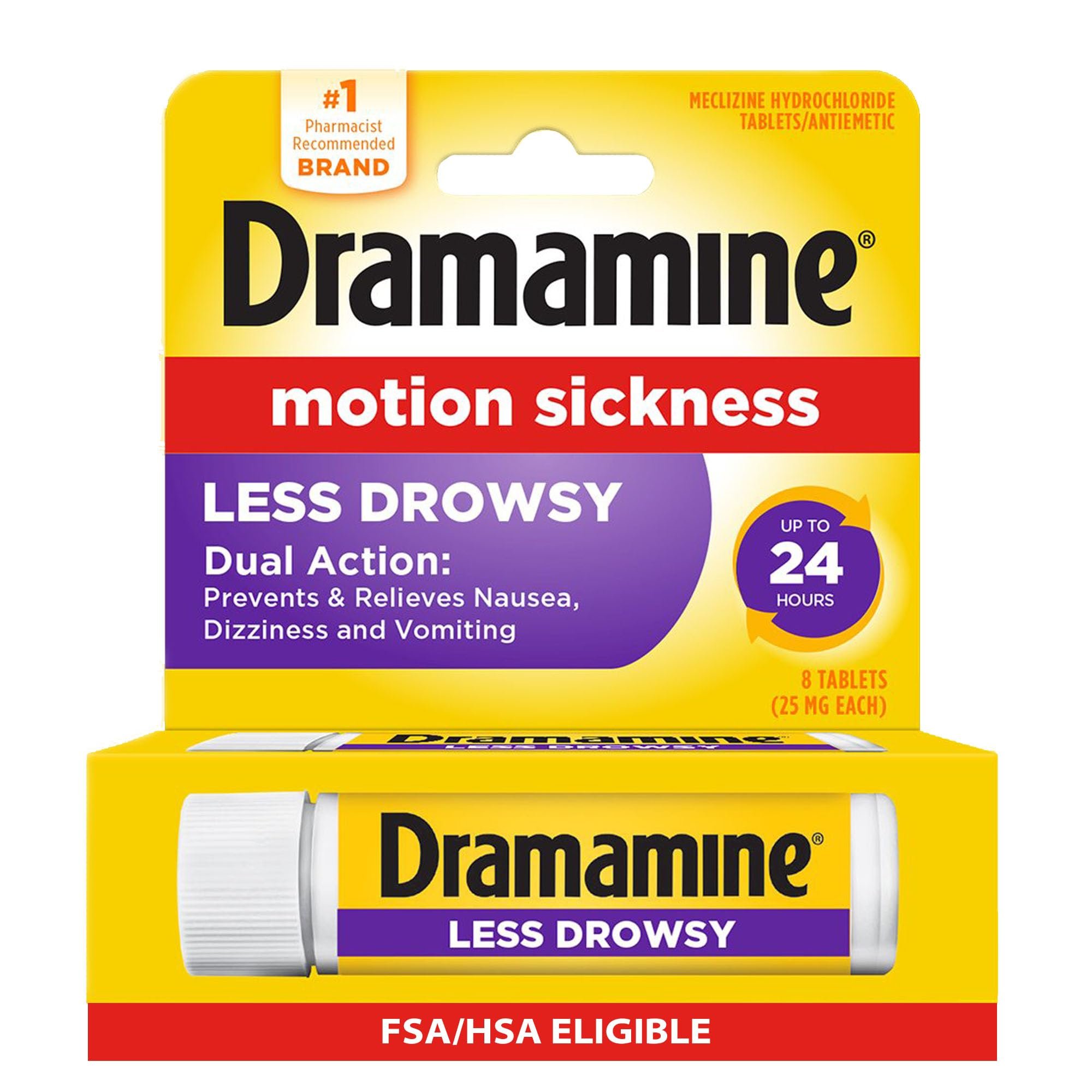 Dramamine Motion Sickness Less Drowsy, Travel Vial, Multicolor, 8 Count - Product Image