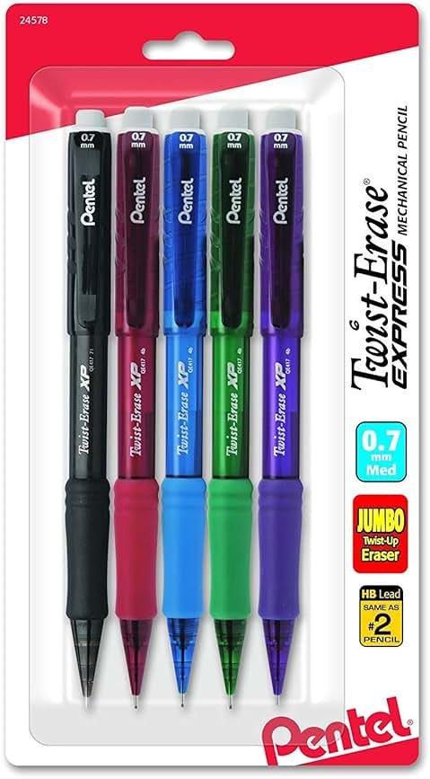 Pentel Twist-Erase Express Mechanical Pencil, (0.7mm), Medium Line, Assorted Fashion Colors, Pack of 5 (QE417FBP5M) - Product Image