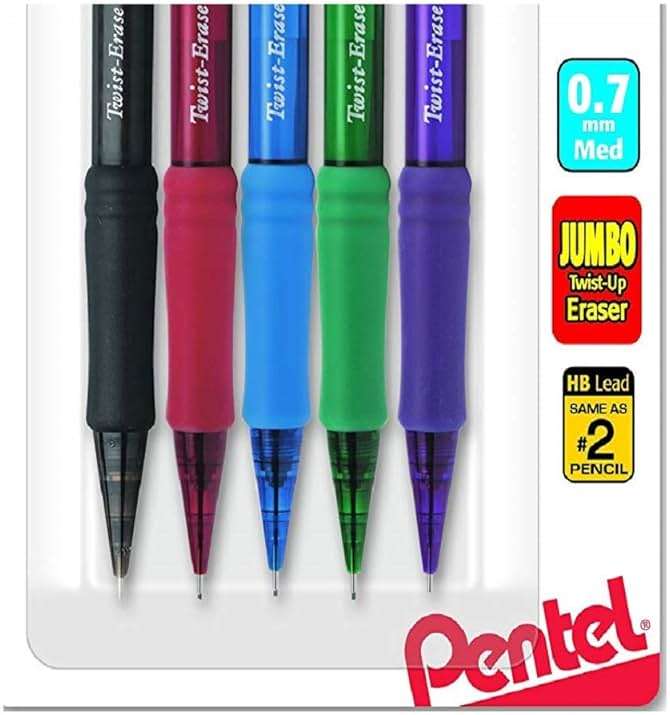 Pentel Twist-Erase Express Mechanical Pencil, (0.7mm), Medium Line, Assorted Fashion Colors, Pack of 5 (QE417FBP5M) - Image 4
