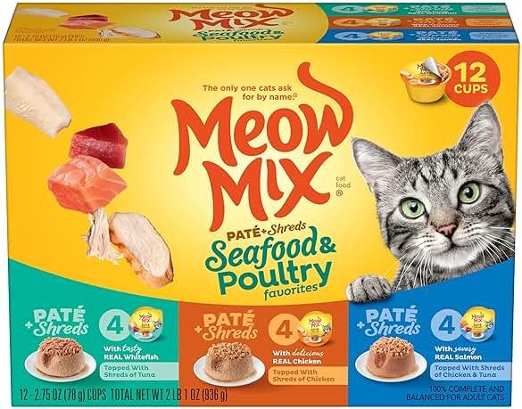 Meow Mix Paté & Shreds Wet Cat Food Variety Pack, Seafood & Poultry Favorites, 2.75 Ounce Cup (Pack of 12) - Product Image