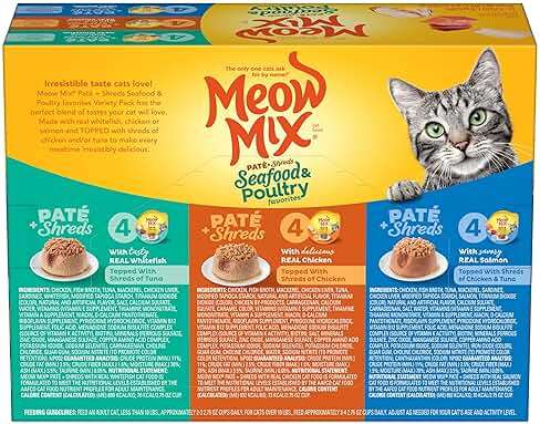 Meow Mix Paté & Shreds Wet Cat Food Variety Pack, Seafood & Poultry Favorites, 2.75 Ounce Cup (Pack of 12) - Image 4