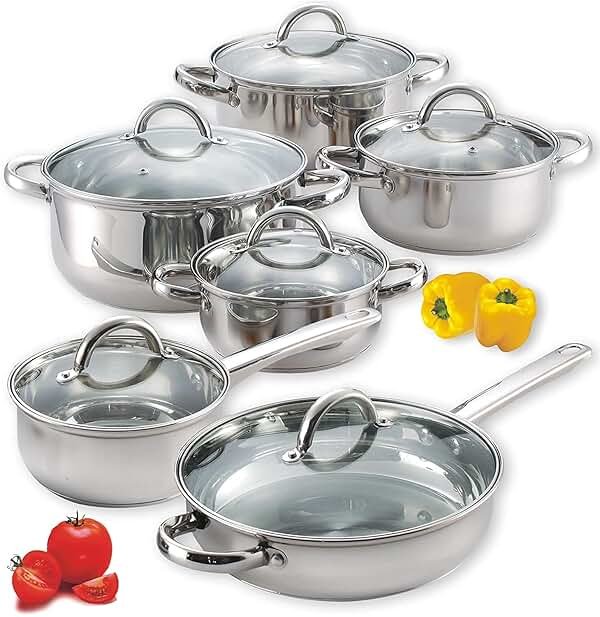 Cook N Home Kitchen Cookware Sets, 12-Piece Basic Stainless Steel Pots and Pans, Silver - Product Image