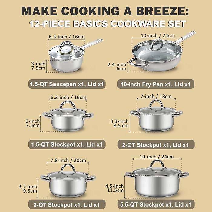 Cook N Home Kitchen Cookware Sets, 12-Piece Basic Stainless Steel Pots and Pans, Silver - Image 2