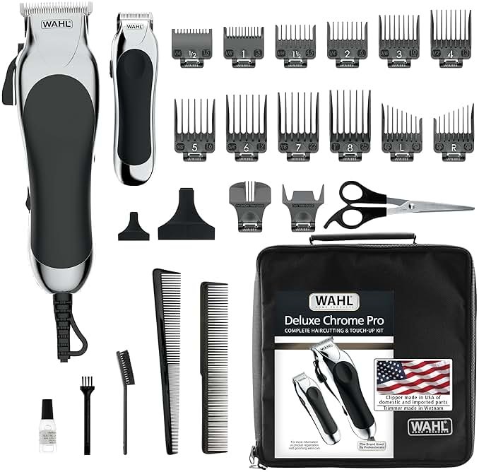 Wahl Clipper USA Deluxe Corded Chrome Pro, Complete Hair and Trimming Kit, Includes Corded Clipper, Cordless Battery Trimmer, and Styling Shears, for a Cut Every Time - Model 3029682 - Product Image