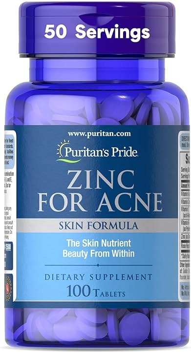 Puritan's Pride Zinc for Acne Skin Formula with Vitamins C, B-6, A, and E for Men and Women, Dietary Supplement for Clear Healthy Skin, Immune System, Cell Division and Growth Support, 100 Tablets - Product Image