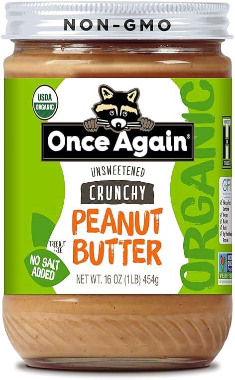 Once Again Organic Crunchy Peanut Butter No Sugar Added - Single Ingredient, Unsalted, Natural Peanut Butter No Palm Oil - Glass Jar, Non-GMO, Gluten Free - Chunky, Unsweetened - 1 Jar (16 oz) - Image 1