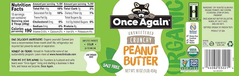 Once Again Organic Crunchy Peanut Butter No Sugar Added - Single Ingredient, Unsalted, Natural Peanut Butter No Palm Oil - Glass Jar, Non-GMO, Gluten Free - Chunky, Unsweetened - 1 Jar (16 oz) - Image 3
