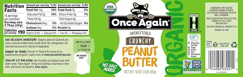 Once Again Organic Crunchy Peanut Butter No Sugar Added - Single Ingredient, Unsalted, Natural Peanut Butter No Palm Oil - Glass Jar, Non-GMO, Gluten Free - Chunky, Unsweetened - 1 Jar (16 oz) - Image 4