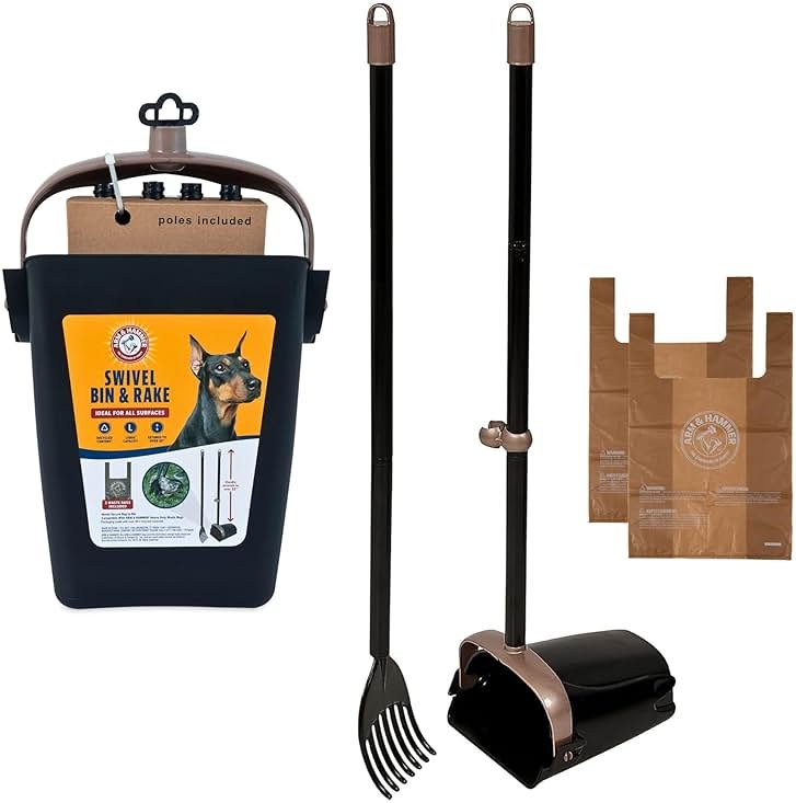 Arm & Hammer Dog Pooper Scooper Swivel Bin & Rake, Poop Scoop for Dogs, Black (2 Heavy Duty Scented Waste Bags Included) - Product Image
