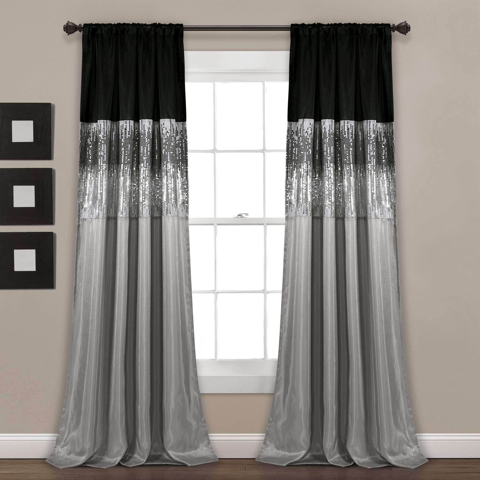 Lush Decor Night Sky Window Curtain Panel, Single 42"W x 84"L Black & Gray - Sequin Backdrop Curtain - Room Darkening Curtains For Bedroom - Glam Decor - Product Image