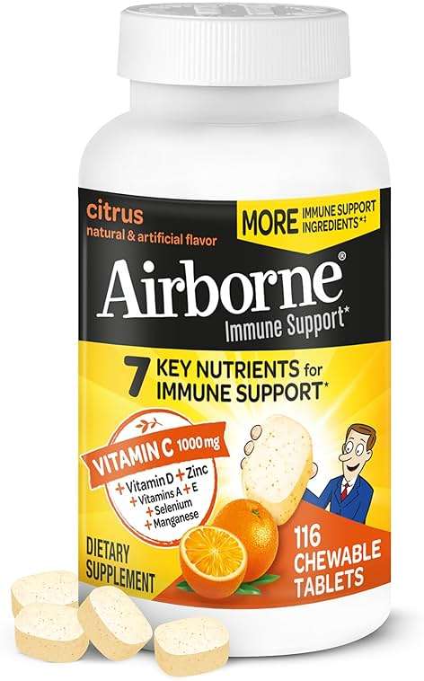 Airborne Citrus Chewable Tablets, 116ct | Immune Support Supplement with 1000mg Vitamin C + Vitamins A, D, E, Zinc,Selenium, & Manganese | Herbal Blend | Gluten Free - Image 2