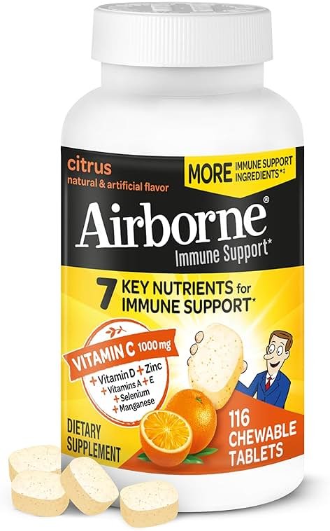 Airborne Citrus Chewable Tablets, 116ct | Immune Support Supplement with 1000mg Vitamin C + Vitamins A, D, E, Zinc,Selenium, & Manganese | Herbal Blend | Gluten Free - Product Image