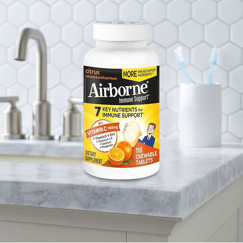 Airborne Citrus Chewable Tablets, 116ct | Immune Support Supplement with 1000mg Vitamin C + Vitamins A, D, E, Zinc,Selenium, & Manganese | Herbal Blend | Gluten Free - Image 13