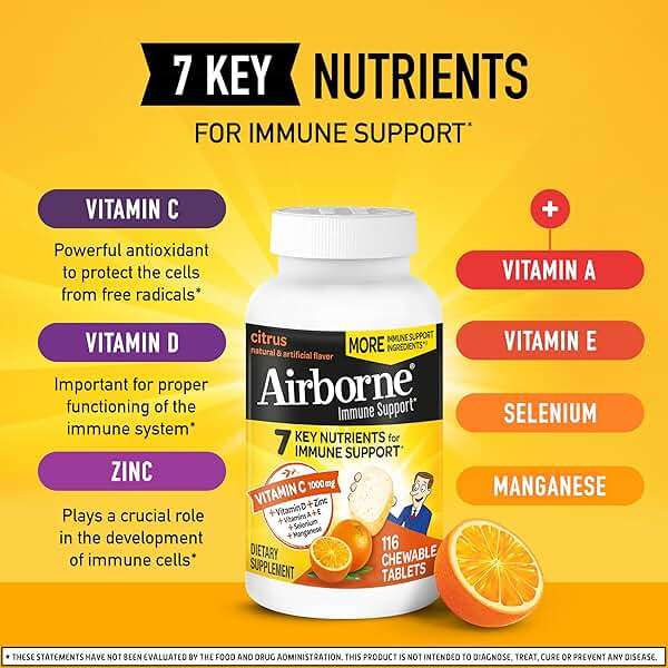 Airborne Citrus Chewable Tablets, 116ct | Immune Support Supplement with 1000mg Vitamin C + Vitamins A, D, E, Zinc,Selenium, & Manganese | Herbal Blend | Gluten Free - Image 4