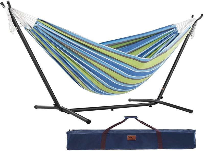 Vivere Double Cotton Hammock with Space Saving Steel Stand, Upgraded Polyester End Strings 450 lb Capacity - Premium Carry Bag Included - (Oasis) - Product Image