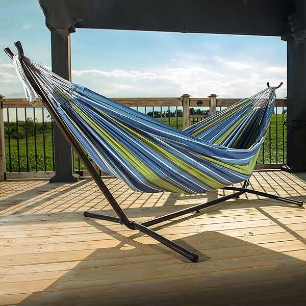 Vivere Double Cotton Hammock with Space Saving Steel Stand, Upgraded Polyester End Strings 450 lb Capacity - Premium Carry Bag Included - (Oasis) - Image 2