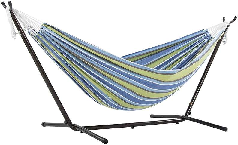 Vivere Double Cotton Hammock with Space Saving Steel Stand, Upgraded Polyester End Strings 450 lb Capacity - Premium Carry Bag Included - (Oasis) - Image 3